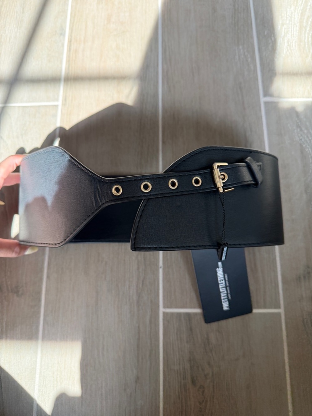 New Pretty Little Thing Wide Black Leather Waist Belt with Gold Buckle
